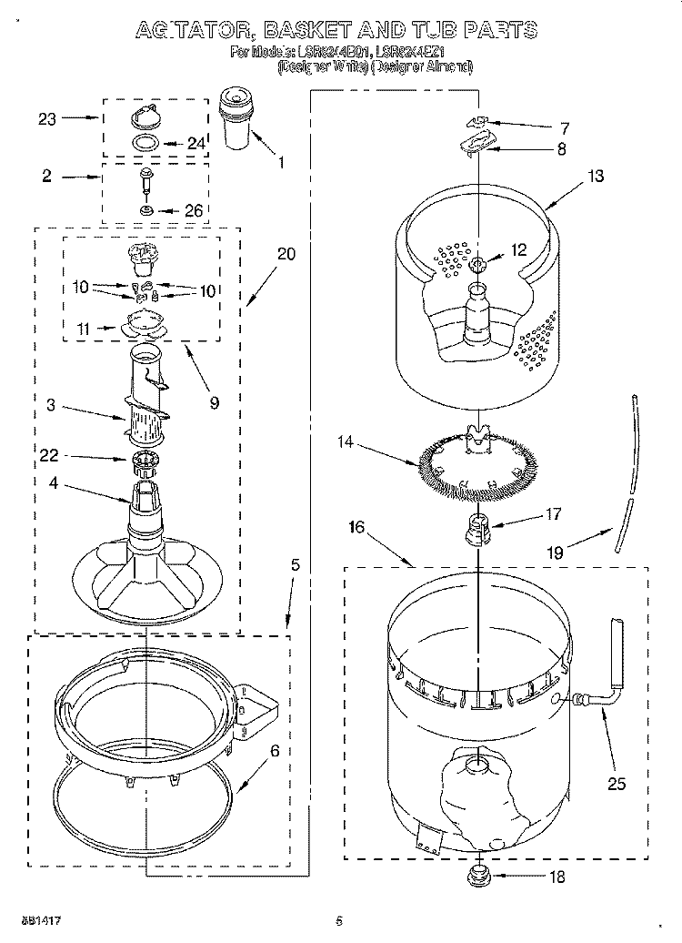 AGITATOR, BASKET & TUB Diagram and Parts List for LSR8244EQ1  Whirlpool Washer