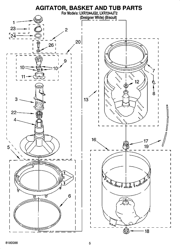 AGITATOR, BASKET AND TUB PARTS Diagram and Parts List for LXR7244JQ2  Whirlpool Washer