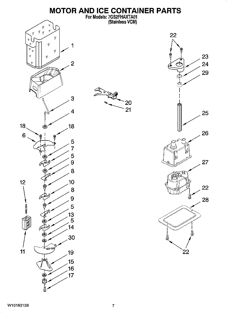 MOTOR AND ICE CONTAINER PARTS Diagram and Parts List for 7GS2FHAXTA01  Whirlpool Refrigerator