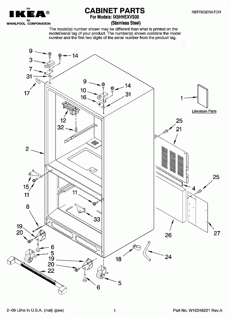 CABINET PARTS Diagram and Parts List for IX5HHEXVS00  Whirlpool Refrigerator