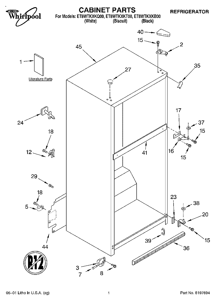 CABINET, LITERATURE Diagram and Parts List for ET8WTKXKQ00  Whirlpool Refrigerator