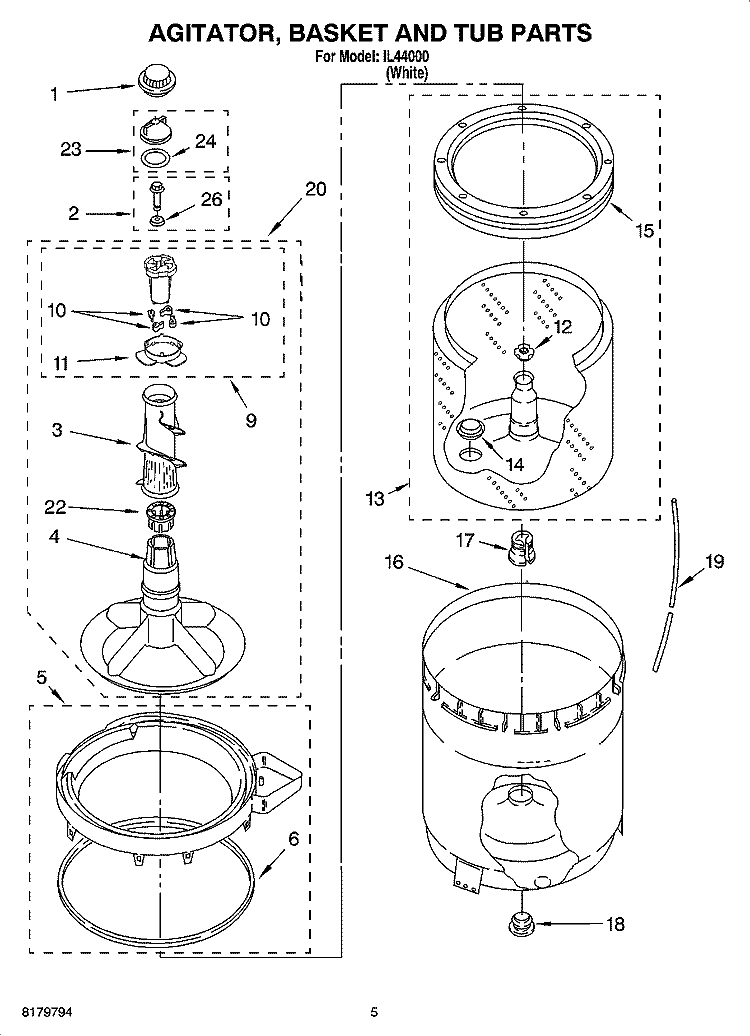 AGITATOR, BASKET AND TUB PARTS Diagram and Parts List for IL44000  Inglis Washer