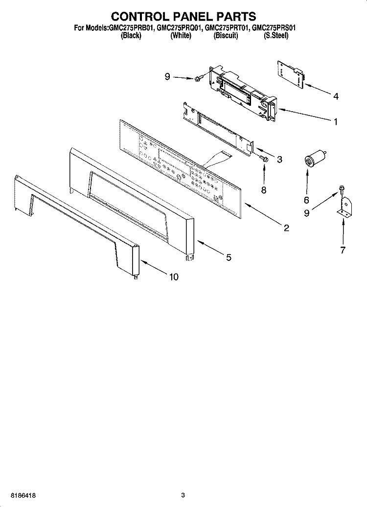 CONTROL PANEL PARTS Diagram and Parts List for GMC275PRQ01  Whirlpool Microwave Oven Combo
