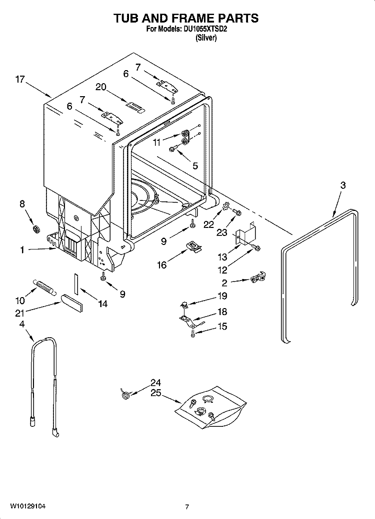 TUB AND FRAME PARTS Diagram and Parts List for DU1055XTSD2  Whirlpool Dishwasher