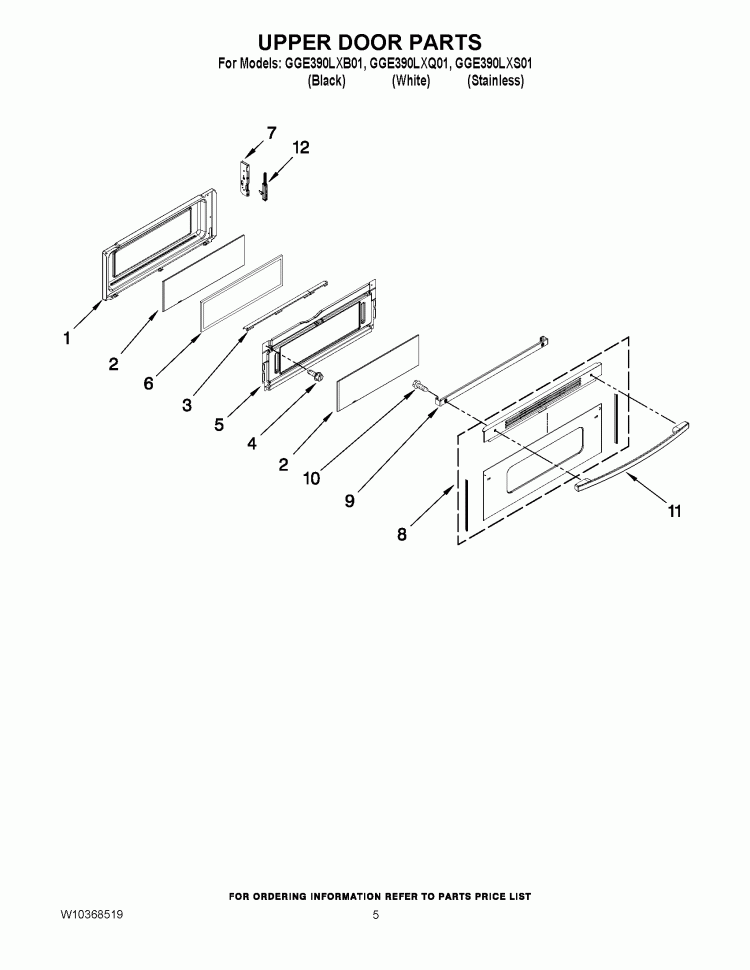 UPPER DOOR PARTS Diagram and Parts List for GGE390LXB01  Whirlpool Range