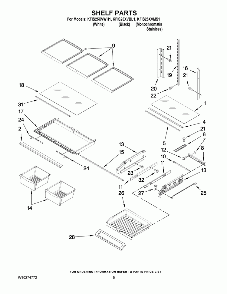 SHELF PARTS Diagram and Parts List for KFIS25XVMS1  KitchenAid Refrigerator