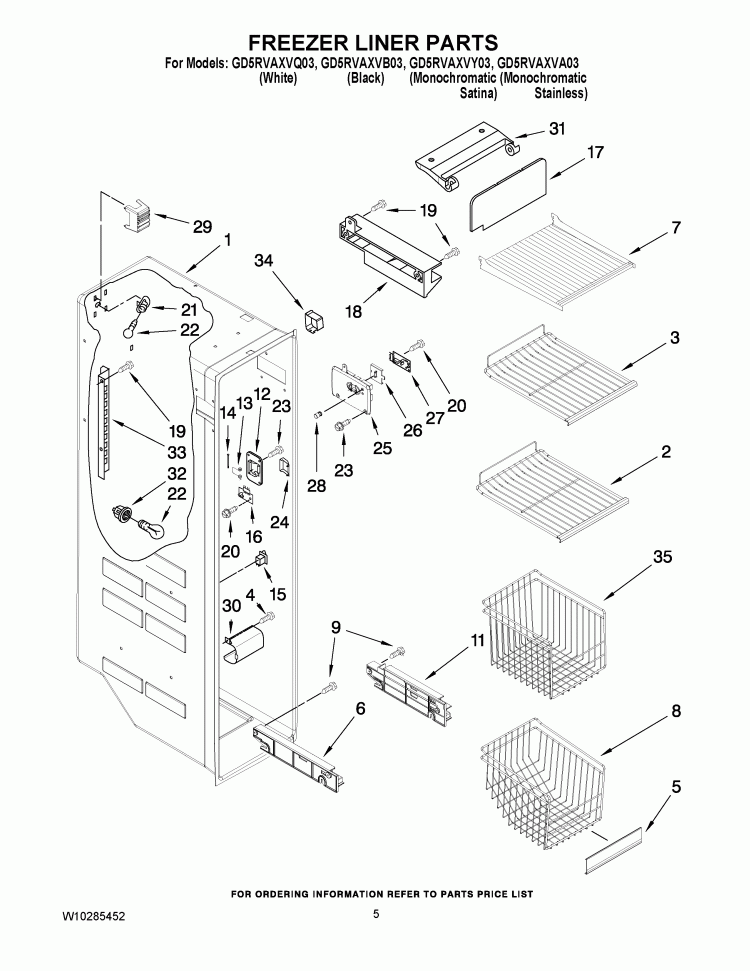 FREEZER LINER PARTS Diagram and Parts List for GD5RVAXVB03  Whirlpool Refrigerator