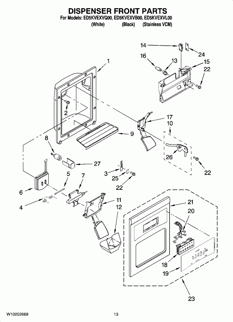 DISPENSER FRONT PARTS Diagram and Parts List for ED5KVEXVQ00  Whirlpool Refrigerator