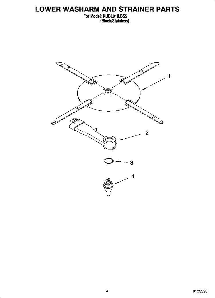 LOWER WASHARM AND STRAINER PARTS Diagram and Parts List for KUDL01ILBS5  KitchenAid Dishwasher