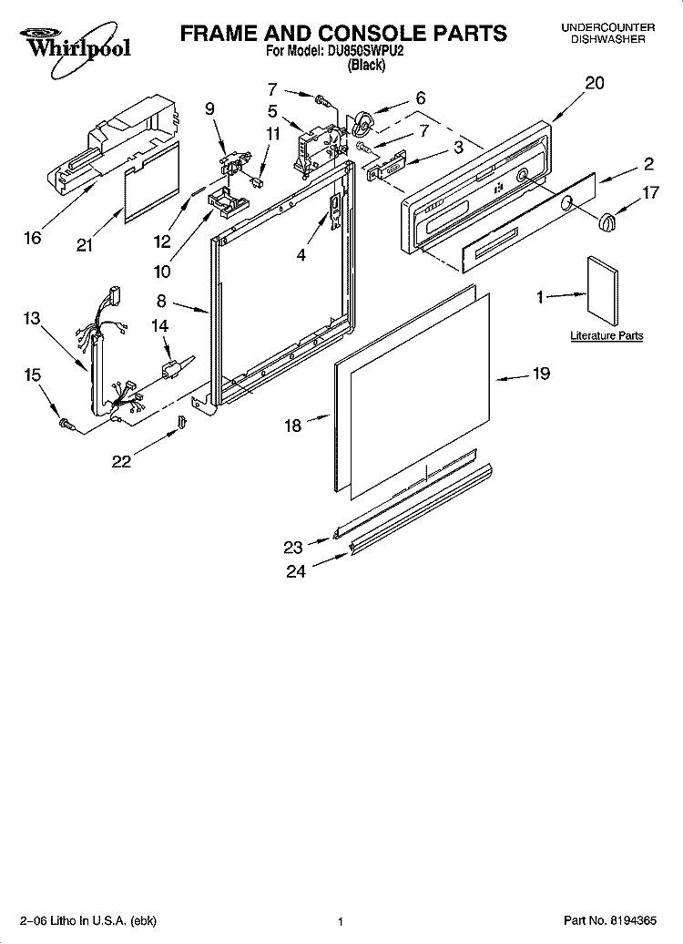 FRAME AND CONSOLE PARTS Diagram and Parts List for DU850SWPU2  Whirlpool Dishwasher