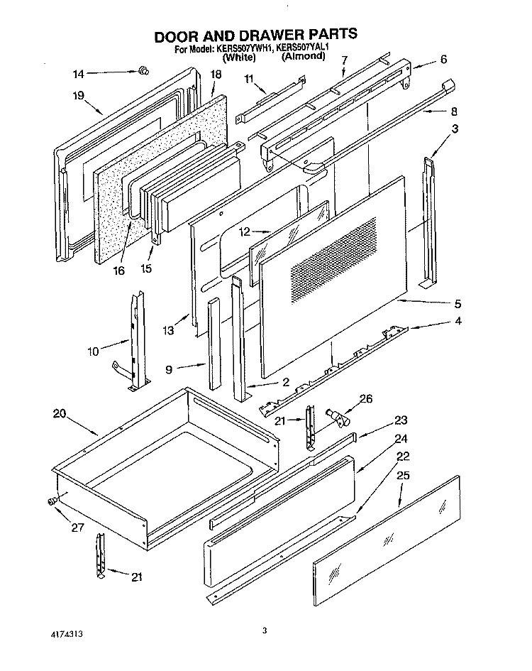 DOOR AND DRAWER Diagram and Parts List for KERS507YAL1  KitchenAid Range