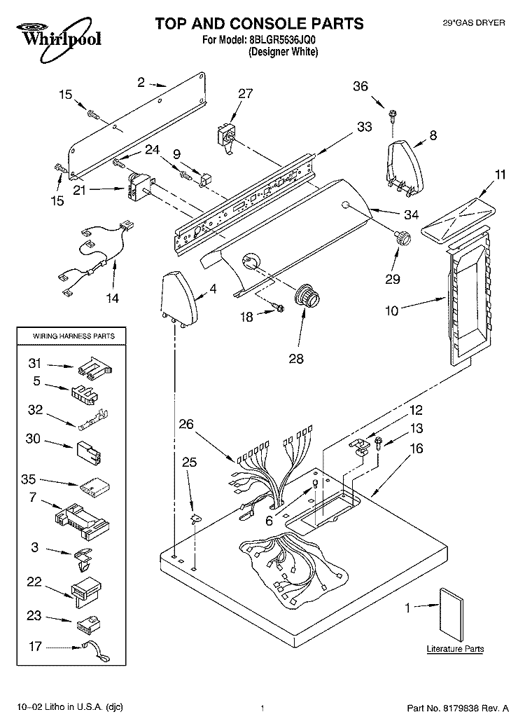 TOP AND CONSOLE, LITERATURE Diagram and Parts List for 8BLGR5636JQ0  Whirlpool Dryer