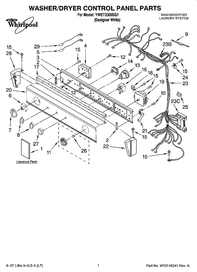 WASHER/DRYER CONTROL PANEL PARTS Diagram and Parts List for YWET3300SQ1  Whirlpool Washer Dryer Combo