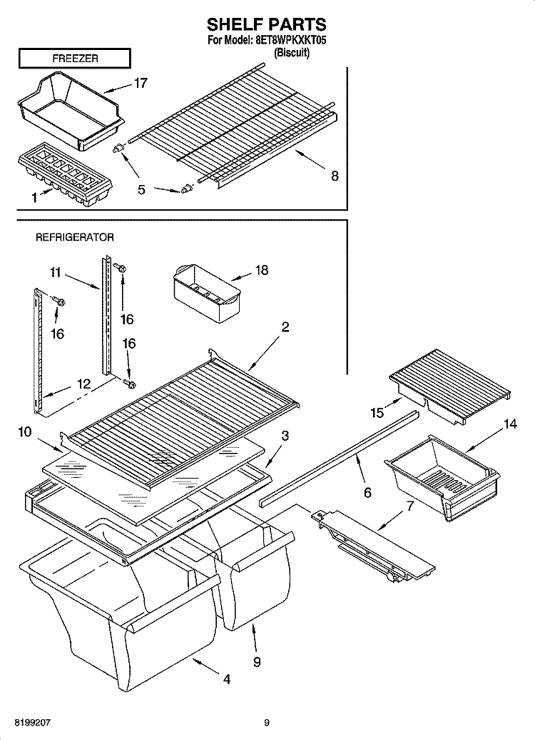 SHELF PARTS, OPTIONAL PARTS Diagram and Parts List for 8ET8WPKXKT05  Whirlpool Refrigerator