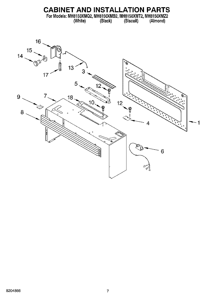 CABINET AND INSTALLATION PARTS Diagram and Parts List for MH8150XMT2  Whirlpool Microwave
