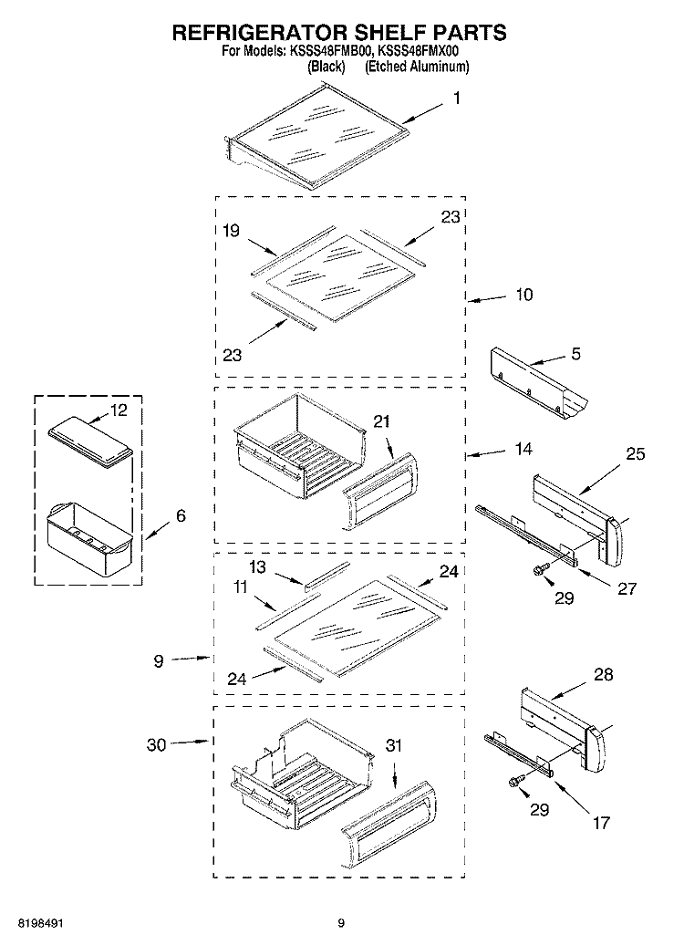 REFRIGERATOR SHELF PARTS Diagram and Parts List for KSSS48FMX00  KitchenAid Refrigerator