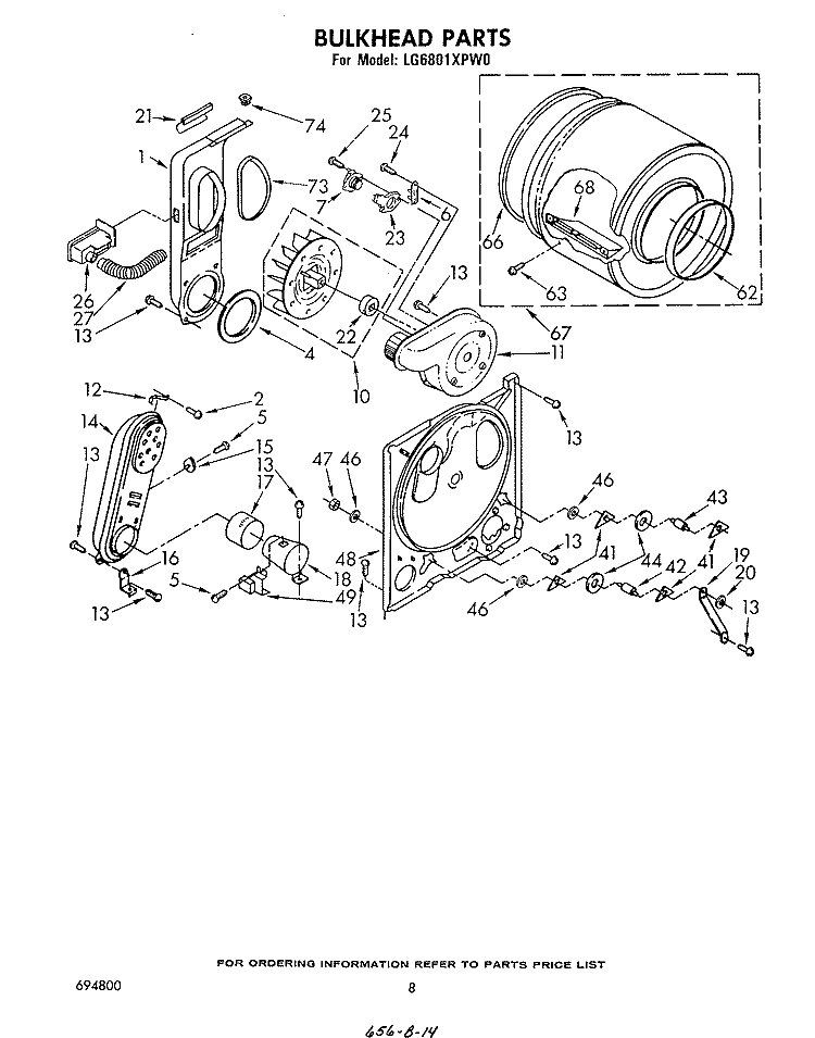 BULKHEAD Diagram and Parts List for LG6801XPW0  Whirlpool Dryer