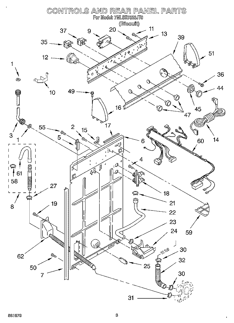 CONTROLS AND REAR PANEL Diagram and Parts List for 7MLSR7533JT0  Whirlpool Washer