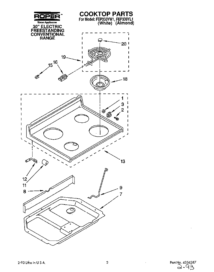 COOKTOP Diagram and Parts List for FEP330YW1  Roper Range