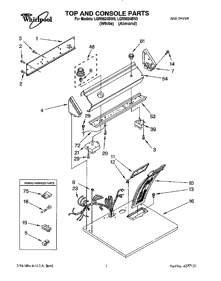 TOP AND CONSOLE, LIT/OPTIONAL Diagram and Parts List for LGR5624BN0  Whirlpool Dryer