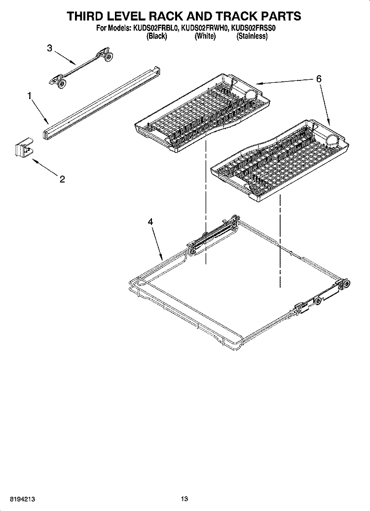 THIRD LEVEL RACK AND TRACK PARTS Diagram and Parts List for KUDS02FRWH0  KitchenAid Dishwasher