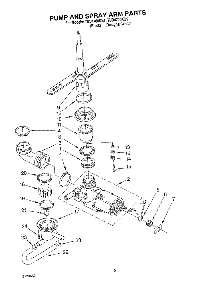 PUMP & SPRAY ARM Diagram and Parts List for TUD4700KB1  Estate Dishwasher