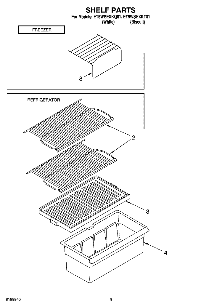 SHELF PARTS, LITERATURE AND OPTIONAL PARTS Diagram and Parts List for ET5WSEXKT01  Whirlpool Refrigerator
