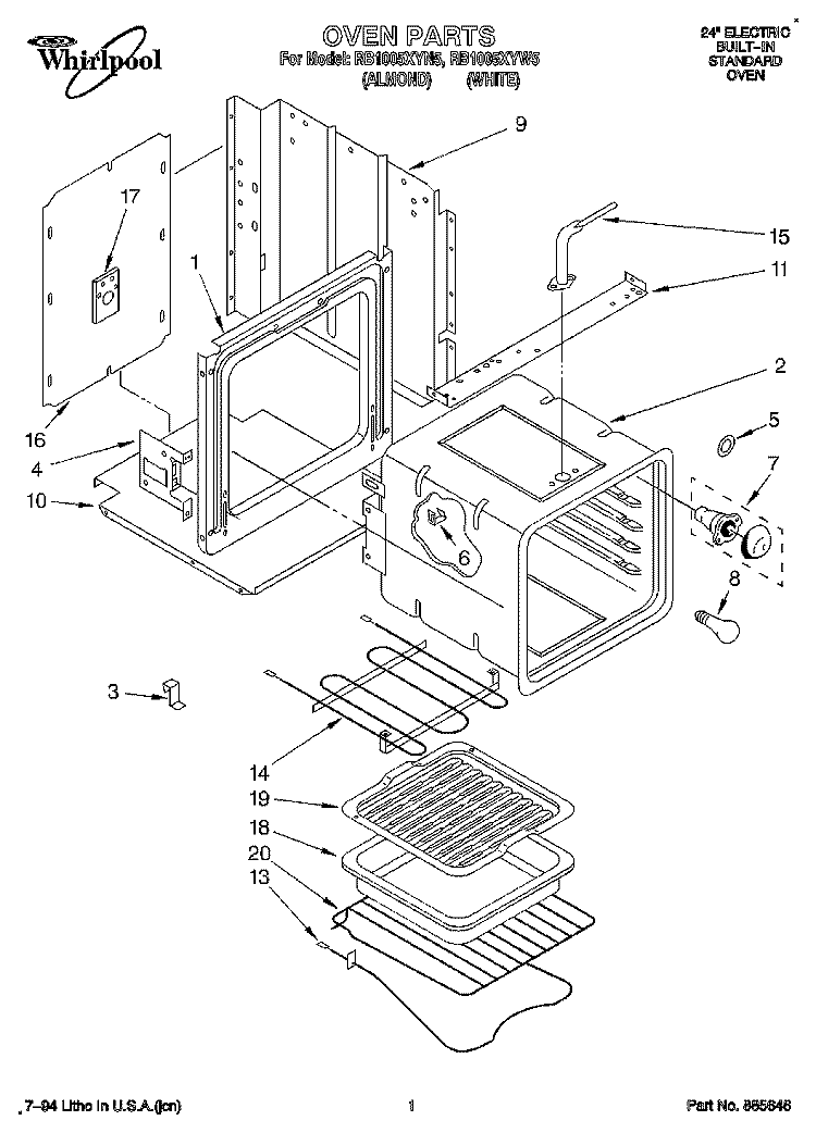 OVEN Diagram and Parts List for RB1005XYW5  Whirlpool Wall Oven