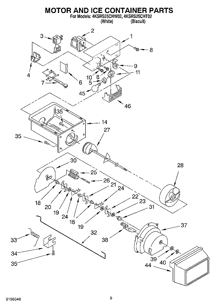 MOTOR AND ICE CONTAINER Diagram and Parts List for 4KSRS25CHW02  KitchenAid Refrigerator