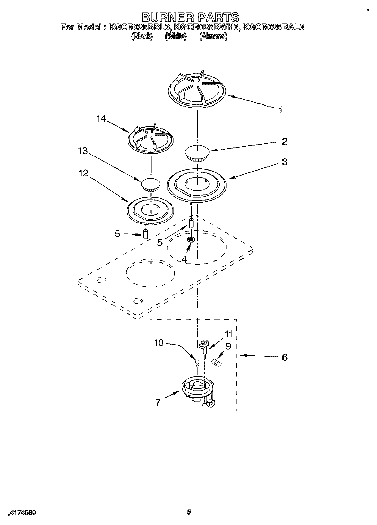 BURNER PARTS Diagram and Parts List for KGCR025BBL3  KitchenAid Cooktop