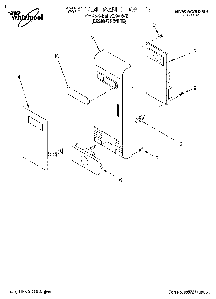 CONTROL PANEL Diagram and Parts List for MT7078XDQ0  Whirlpool Microwave