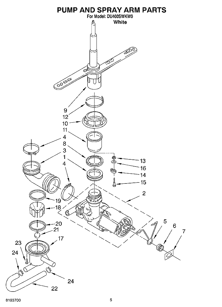 PUMP AND SPRAYARM Diagram and Parts List for DU400SWKW0  Whirlpool Dishwasher