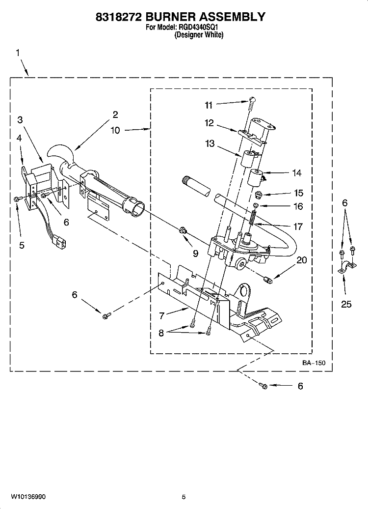 8318272 BURNER ASSEMBLY Diagram and Parts List for RGD4340SQ1  Roper Dryer