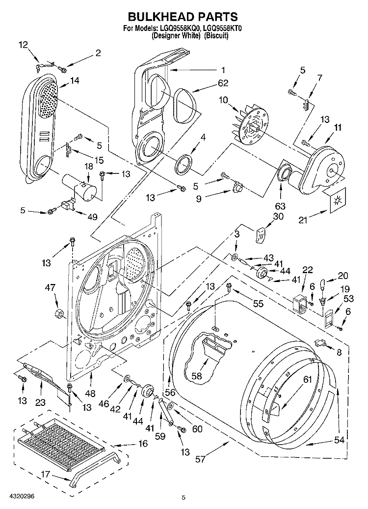 BULKHEAD Diagram and Parts List for LGQ9558KQ0  Whirlpool Dryer