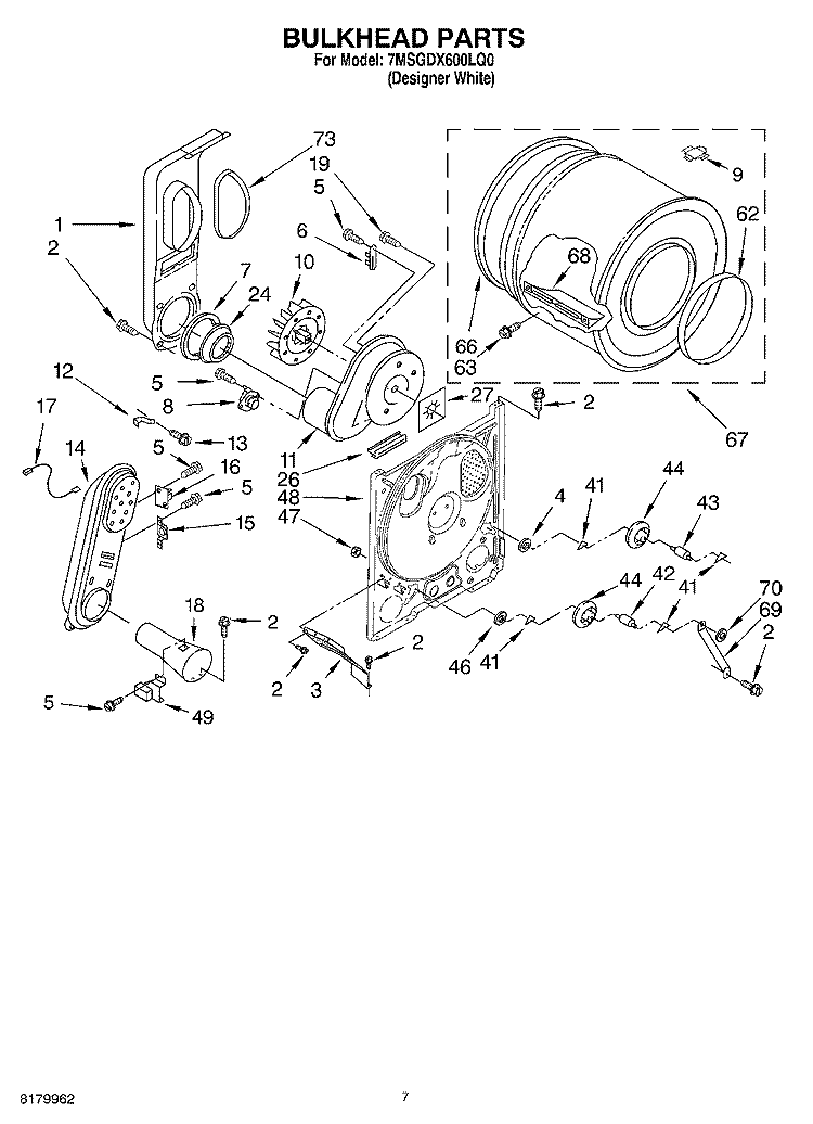 BULKHEAD PARTS Diagram and Parts List for 7MSGDX600LQ0  Whirlpool Dryer