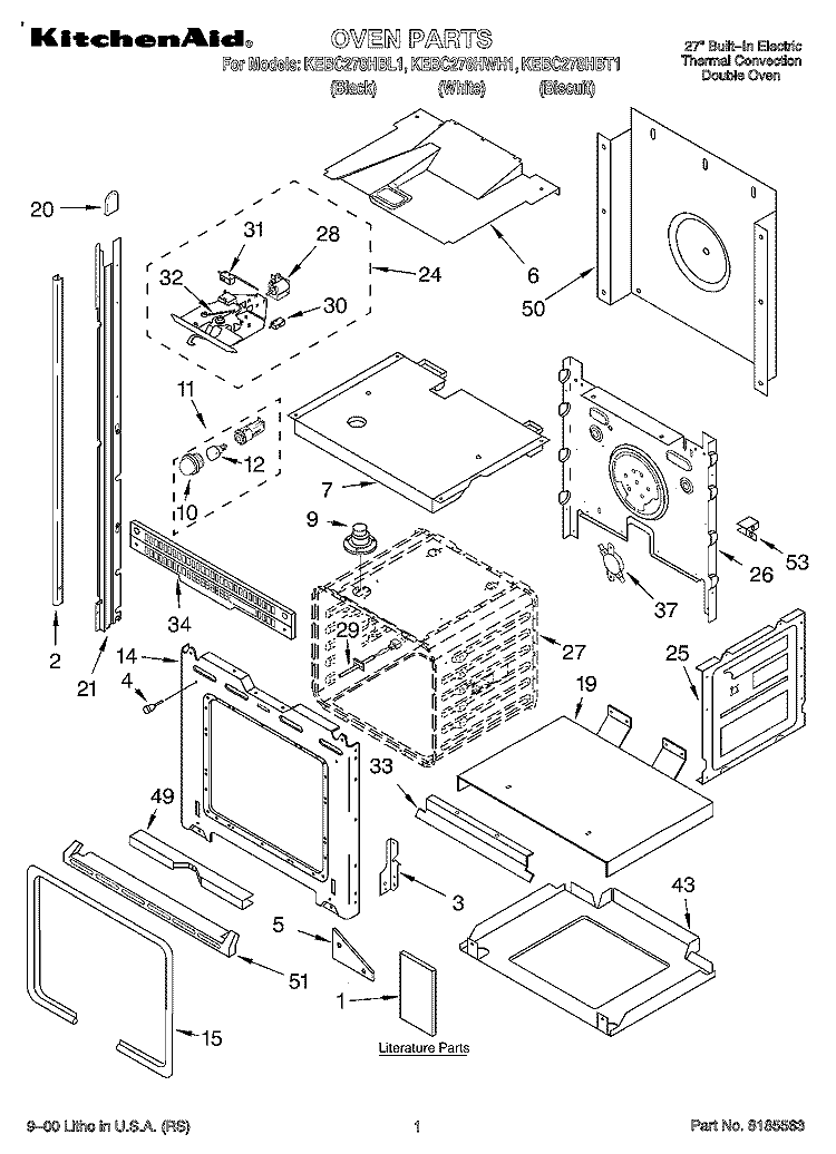 OVEN, LITERATURE Diagram and Parts List for KEBC278HBL1  KitchenAid Wall Oven