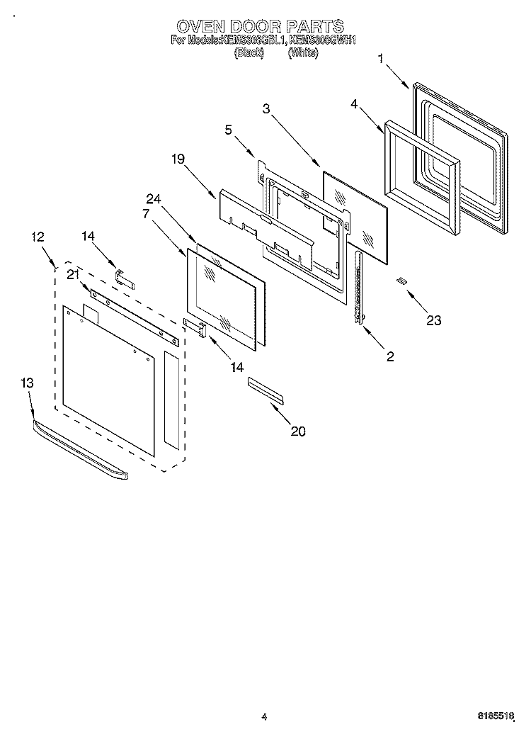 OVEN DOOR Diagram and Parts List for KEMS308GWH1  KitchenAid Microwave Oven Combo