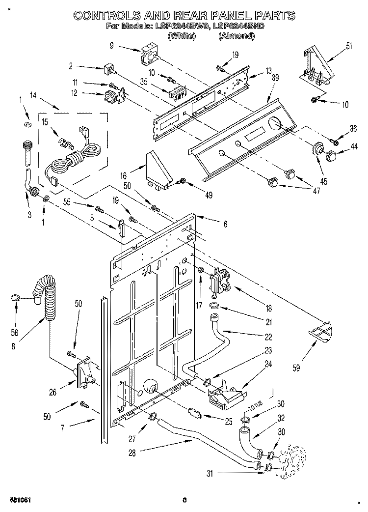 CONTROLS AND REAR PANEL Diagram and Parts List for LSP6244BN0  Whirlpool Washer