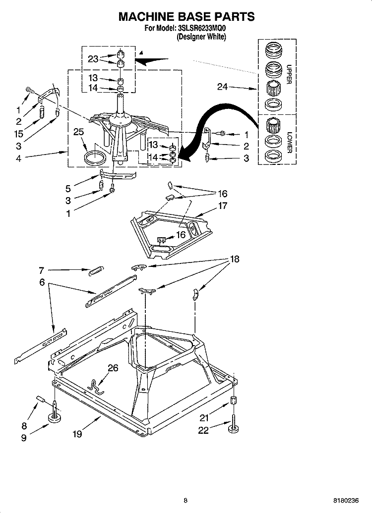 MACHINE BASE PARTS Diagram and Parts List for 3SLSR6233MQ0  Whirlpool Washer