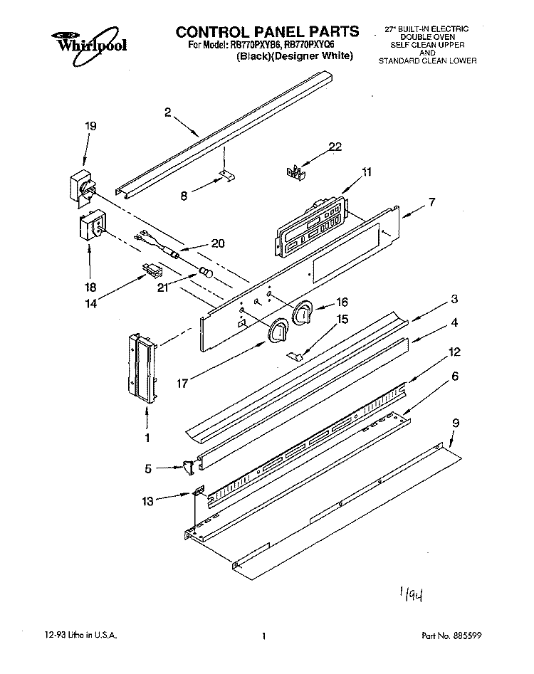CONTROL PANEL, LITERATURE Diagram and Parts List for RB770PXYQ6  Whirlpool Wall Oven