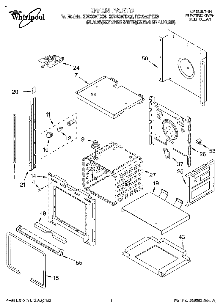OVEN Diagram and Parts List for RBS305PDQ6  Whirlpool Wall Oven