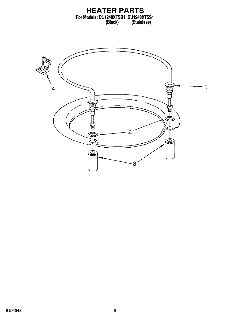 HEATER PARTS Diagram and Parts List for DU1248XTSS1  Whirlpool Dishwasher