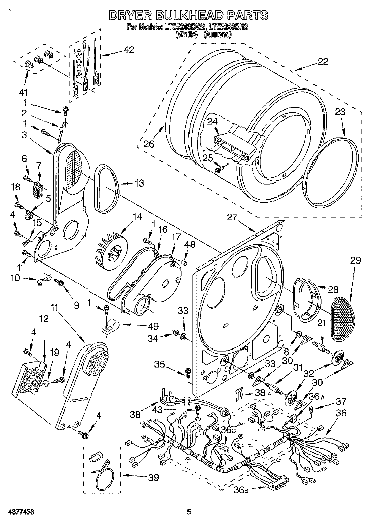 DRYER BULKHEAD Diagram and Parts List for LTE5243BW2  Whirlpool Washer Dryer Combo