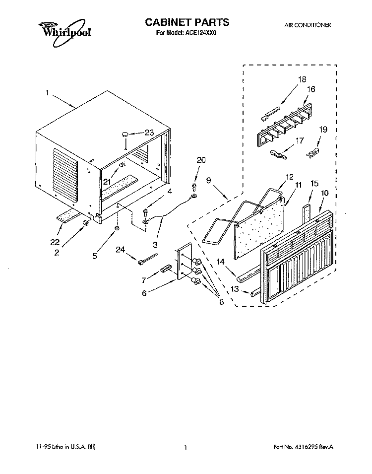 CABINET Diagram and Parts List for ACE124XX0  Whirlpool Air Conditioner