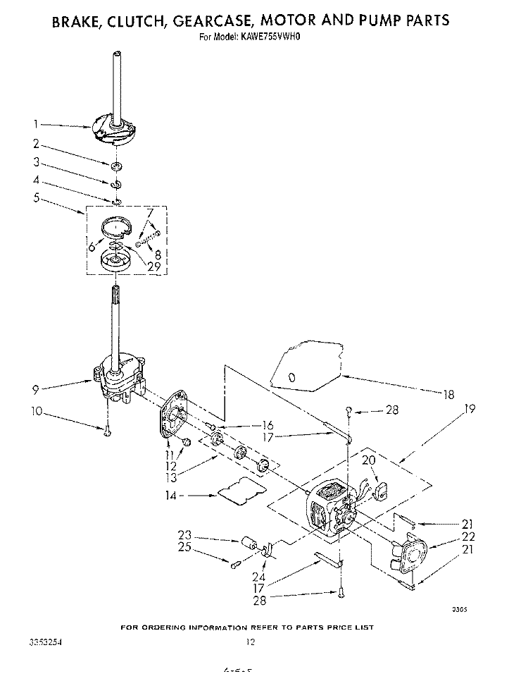 BRAKE, CLUTCH, GEARCASE, MOTOR AND PUMP Diagram and Parts List for KAWE755VWH0  KitchenAid Washer