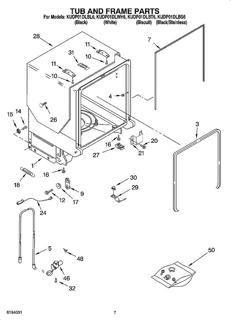 TUB AND FRAME PARTS Diagram and Parts List for KUDP01DLBL6  KitchenAid Dishwasher