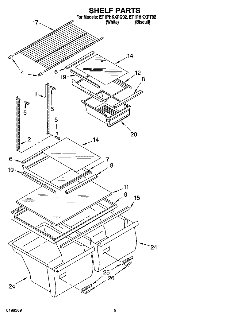 SHELF PARTS, OPTIONAL PARTS Diagram and Parts List for ET1PHKXPQ02  Whirlpool Refrigerator