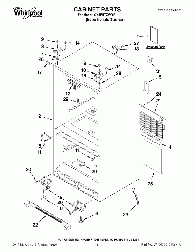 CABINET PARTS Diagram and Parts List for GX5FHTXVY06  Whirlpool Refrigerator
