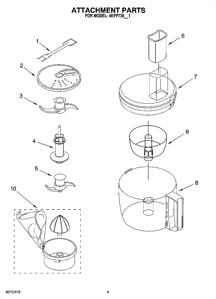 ATTACHMENT PARTS Diagram and Parts List for 4KFP730WH1  KitchenAid Food Processor