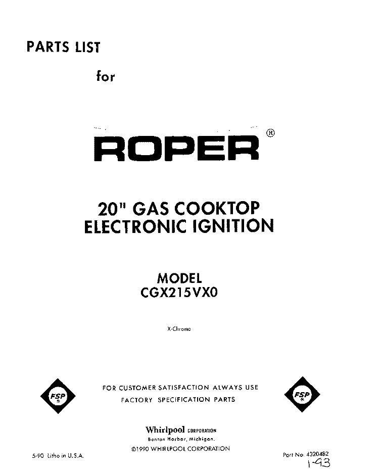 SECTION Diagram and Parts List for CGX215VX0  Roper Cooktop